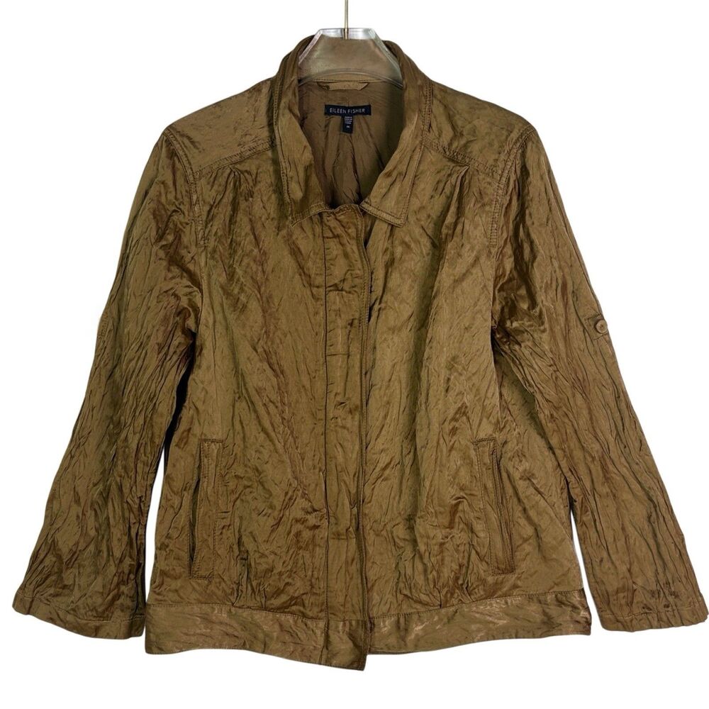Eileen Fisher Jacket Medium Bomber Gold Matte Metallic Crinkle Cotton Full Zip